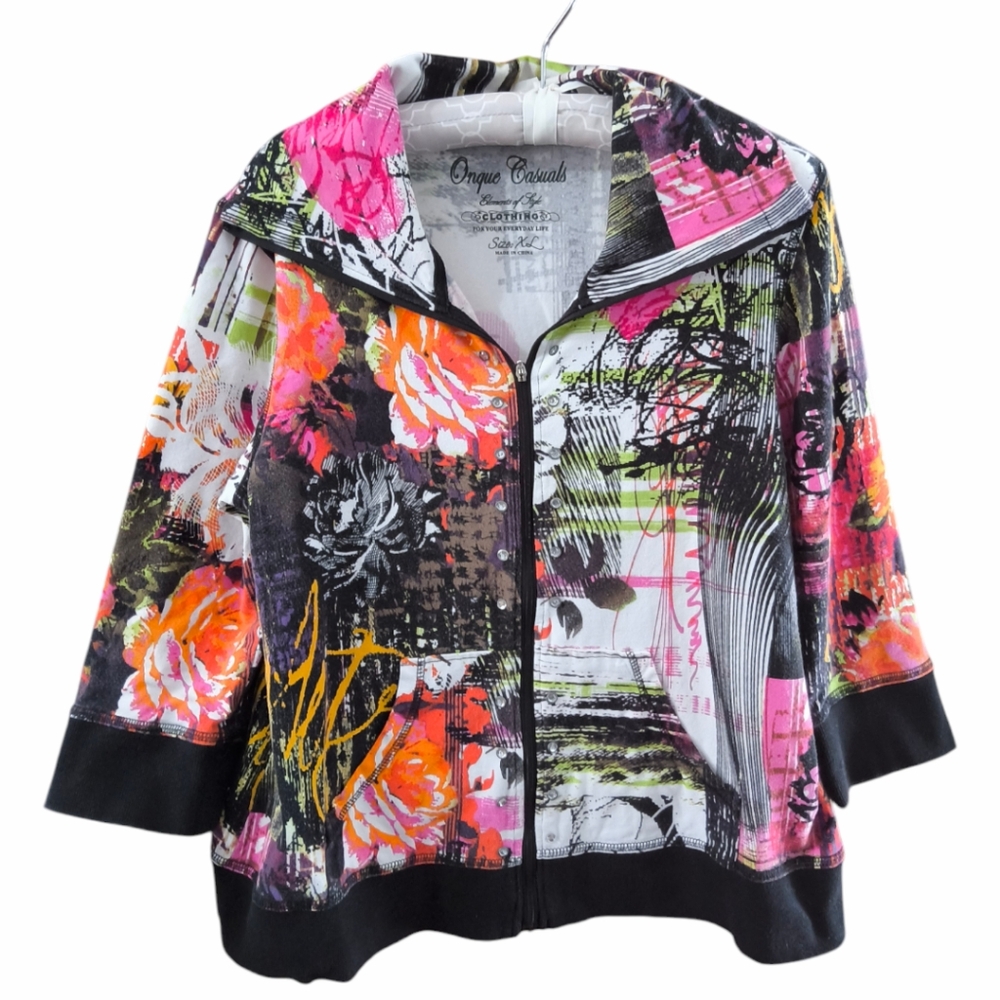 Floral Artsy Zip-Up Jacket - Multi-color Athleisure by Onque Casuals Size XL